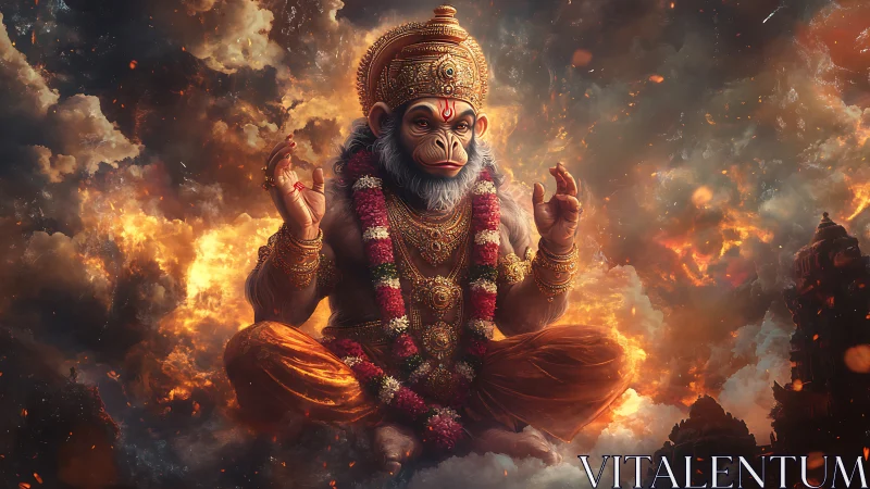 Divine monkey deity meditates in swirling cosmic firestorm.
