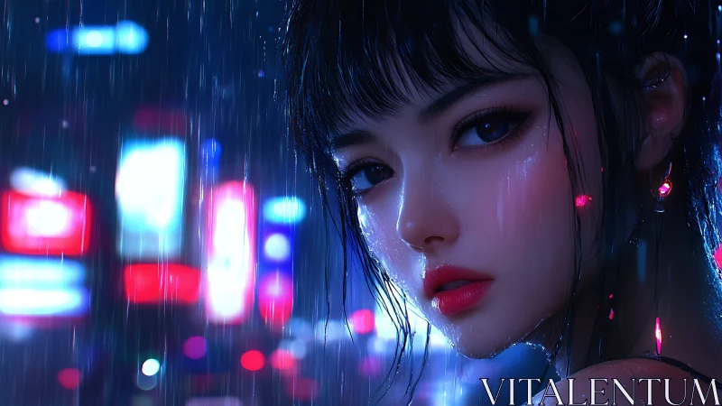 Neon city rain girl gazing softly through midnight glow.