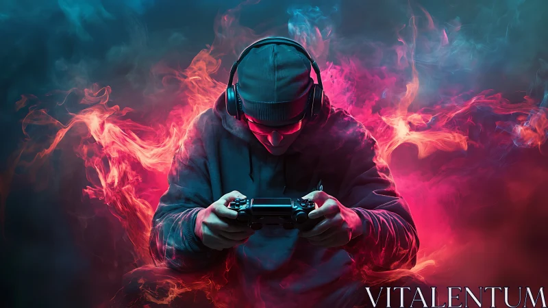 Cyberpunk gamer portrait with neon smoke immersion effect.