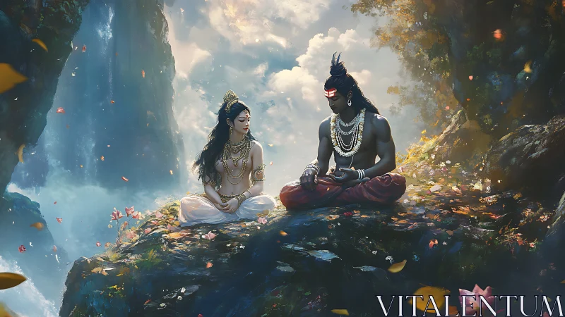 Divine couple meditating beside luminous mountain waterfall.