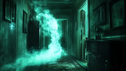 Ethereal turquoise vapor vortex illuminates dim domestic corridor