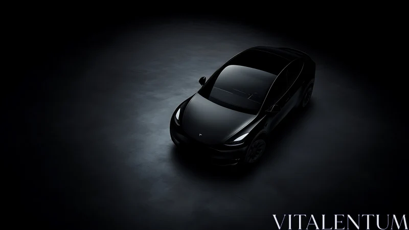 Midnight electric sedan in dramatic overhead spotlighting.