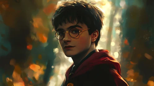 Young wizard stands in glowing forest of amber light