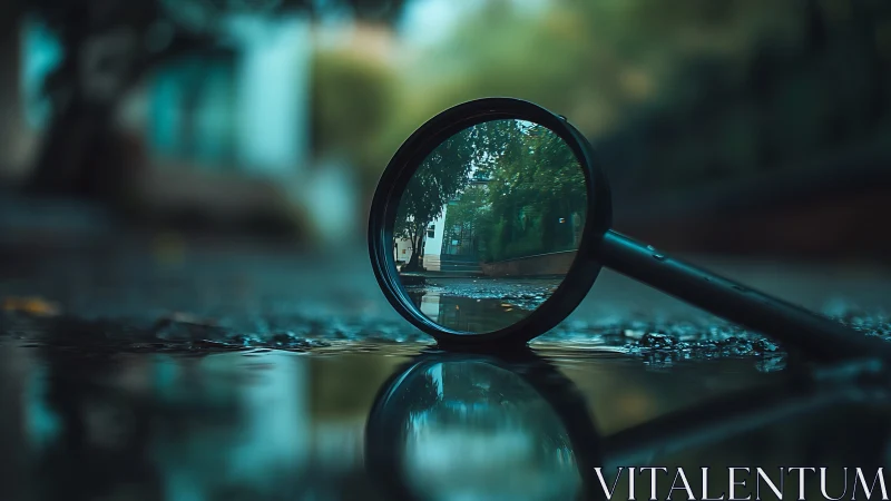 Magnifying glass on wet pavement with reflected urban trees.