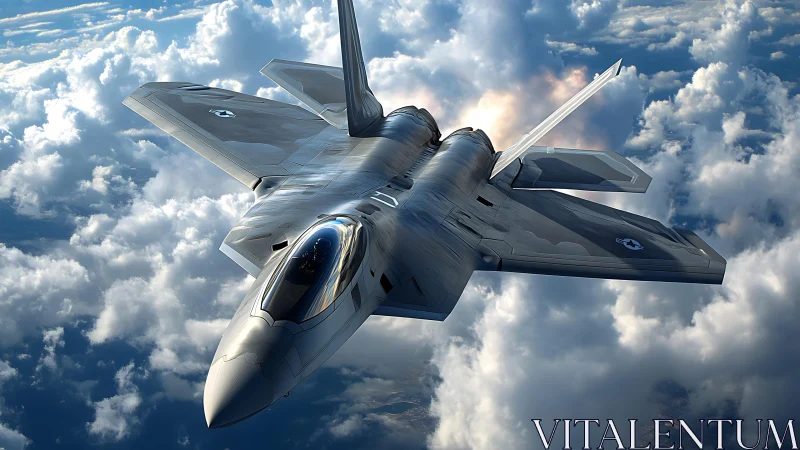 Stealth fighter jet cruising above layered cloud cover.