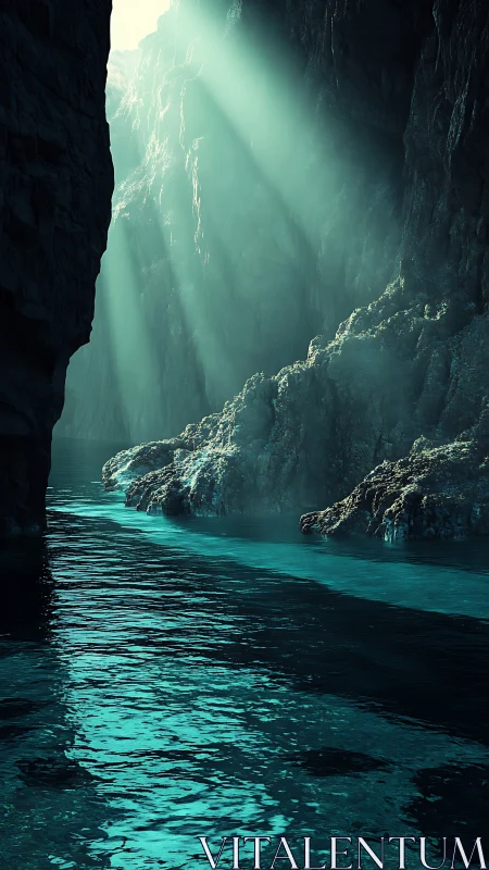 Turquoise cavern inlet with volumetric light beams and mist.