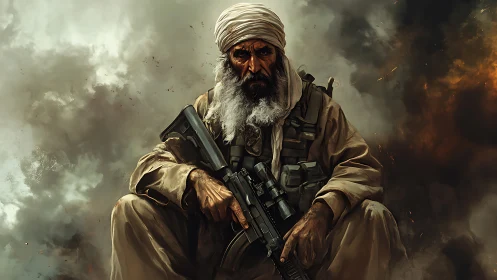 Militant elder with rifle amid dense explosive smoke field.