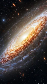 Golden spiral galaxy wrapped in soft starlit blues.