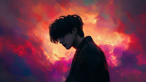 Silhouetted youth against neon dusk clouds in digital chiaroscuro.