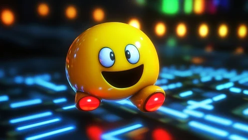 Cheerful yellow game mascot races through neon arcade maze