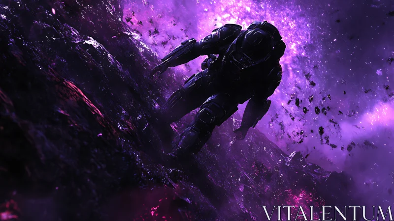 Armored astronaut strides across erupting violet asteroid field