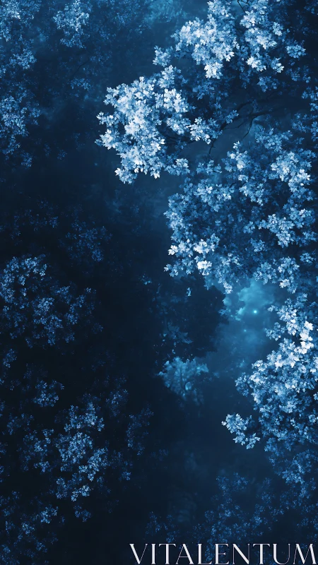 Blue-toned abstract fractal foliage pattern in vertical frame.