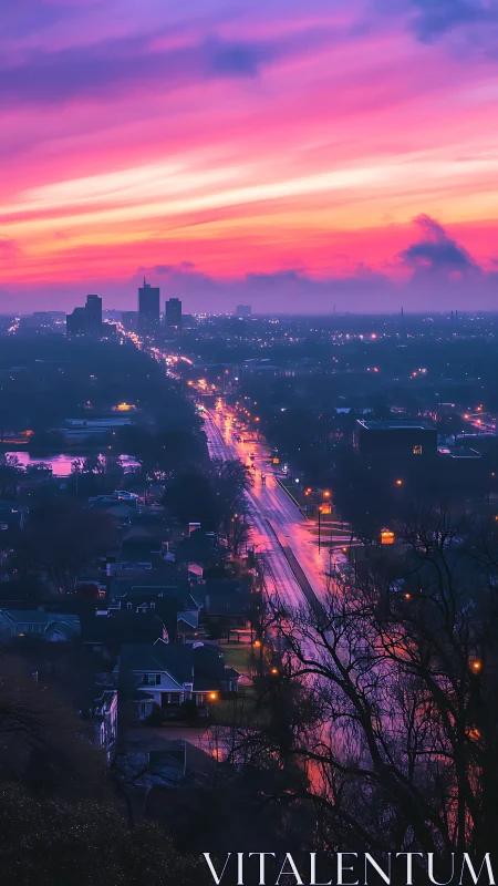 Neon dusk river of city lights under painted candy skies.