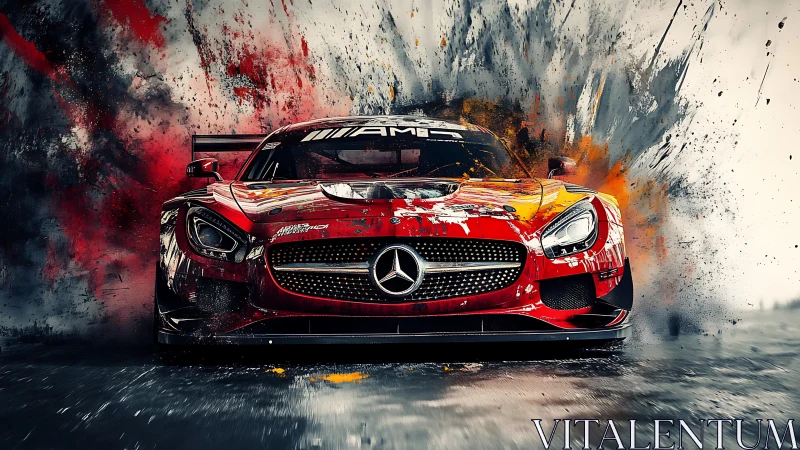 Racing Mercedes AMG erupts through abstract paint explosions.