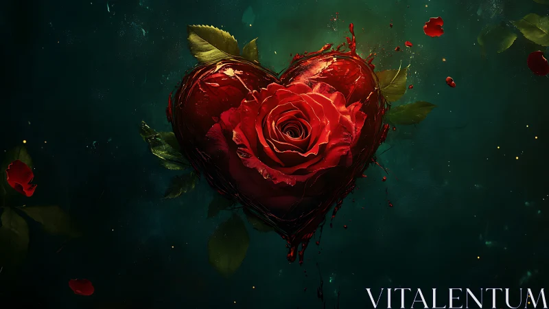 Heart-shaped rose with dramatic red petals on dark teal background.