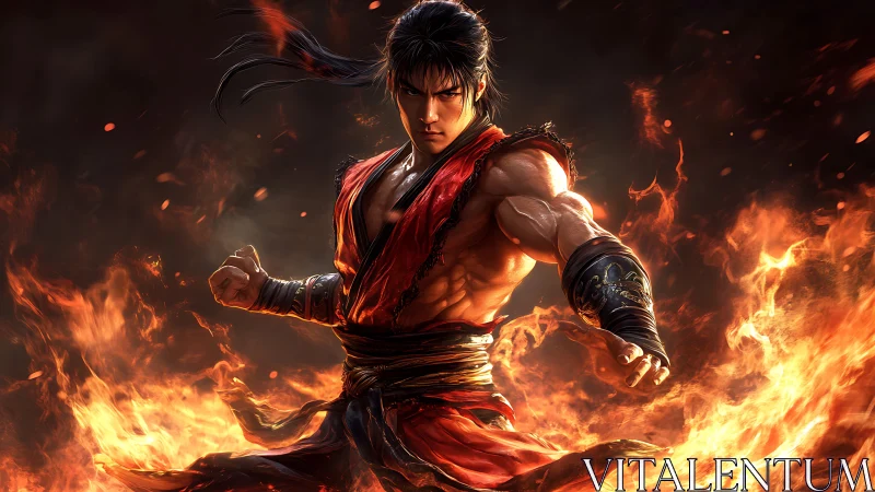 Flameborn martial hero forging power in a blazing storm.