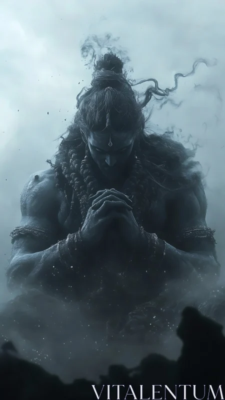 Meditating storm god in shadowy monochrome mist.