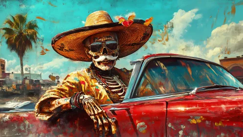 Skeleton driver in sombrero cruises a classic red car boldly