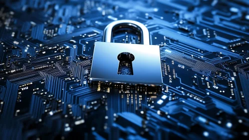 Chromed padlock on blue PCB symbolizing hardware data security