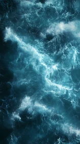 Surging teal ocean waves churn under diffuse overhead light