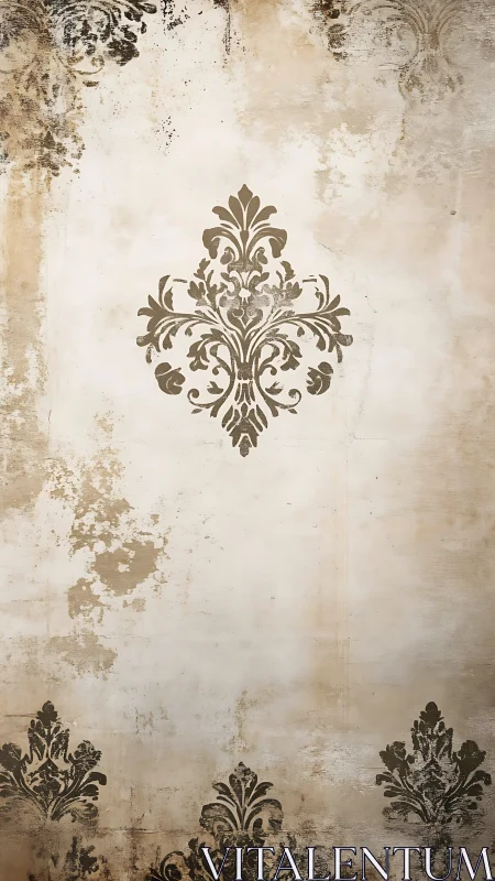 Vintage damask motif on distressed parchment wall surface.