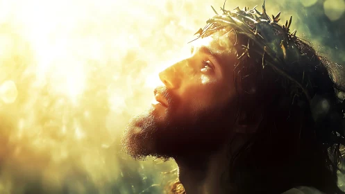 Bearded man with thorn crown looks toward intense golden light