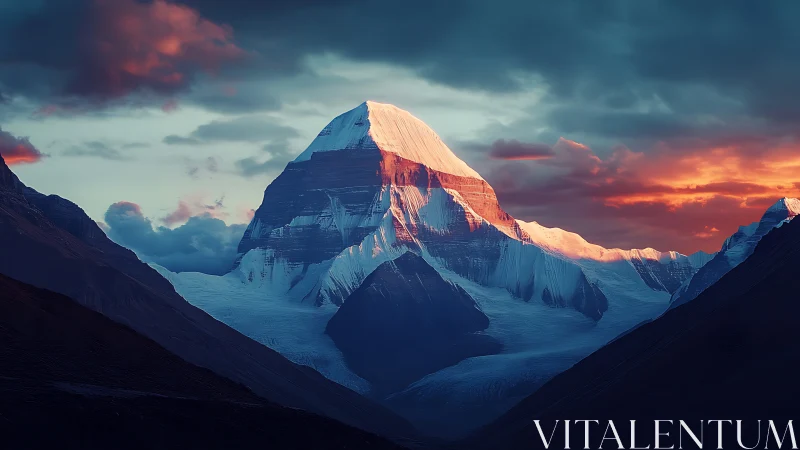 Snowy mountain peak under dramatic red sunset sky.