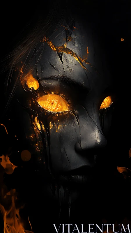 Molten-eyed spirit gazes through darkness with quiet fire