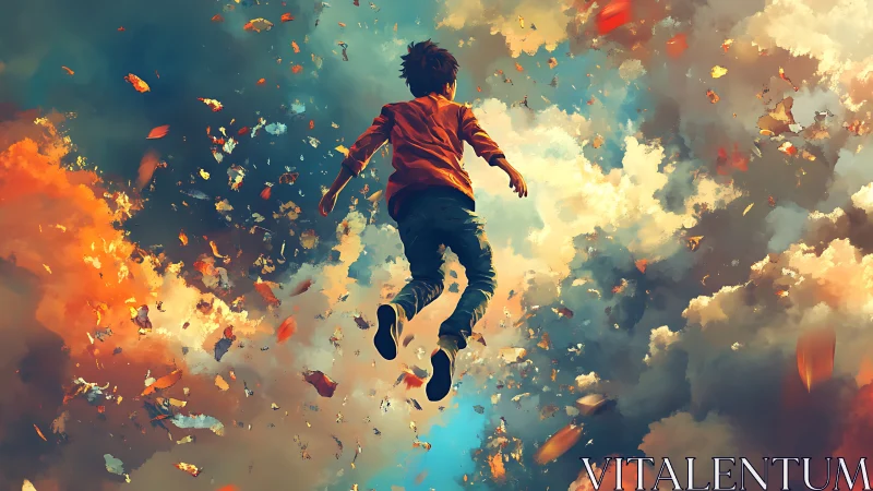 Youth ascending through luminous clouds and swirling embers.