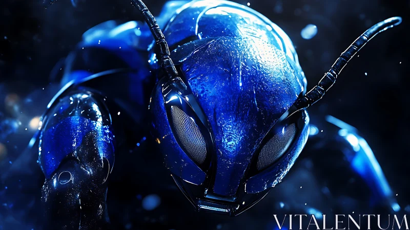Macro render of wet metallic cybernetic ant with specular bloom