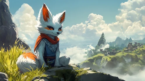 Anthropomorphic fox figure overlooking distant mountain village.