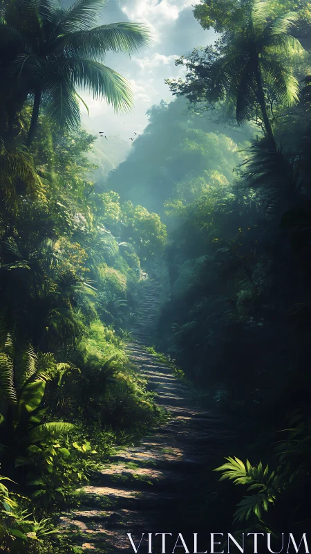 Jungle Canyon with Sunlit Path Through Dense Vegetation.