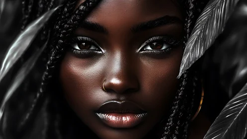 Glimmering gaze meets silver feathers in a bold, calm portrait