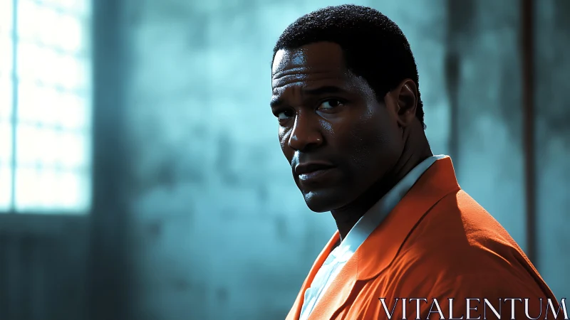 Stoic inmate in orange watching the cold light fall.