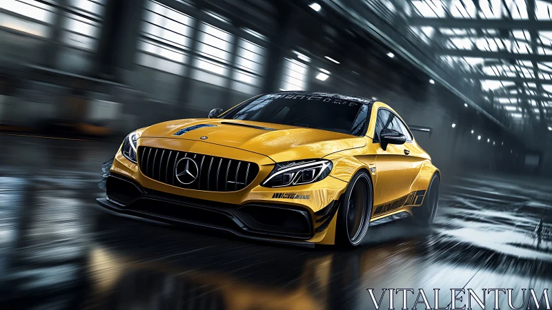 Golden sports car racing through a sleek city tunnel.