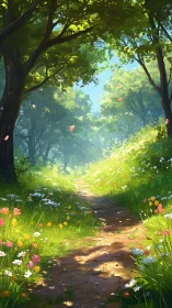 Forest Path with Blooming Wildflowers and Dappled Sunlight