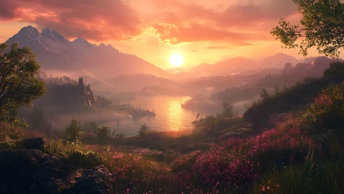 Sunset over lake valley with distant castle and mountains.