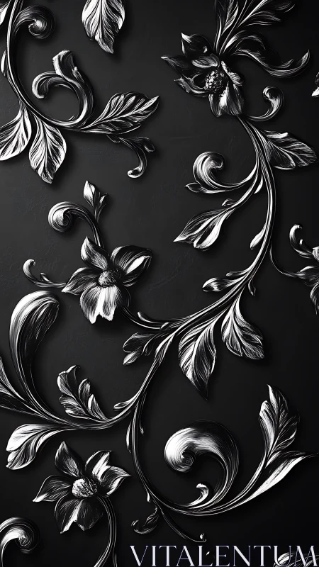 Polished silver floral relief curls over matte black surface