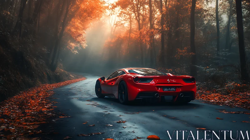 Red sports car on wet forest road under autumn foliage.