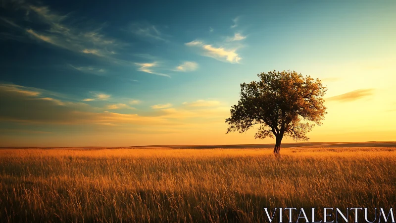 Lone tree on golden grass field at sunset, serene landscape photo.