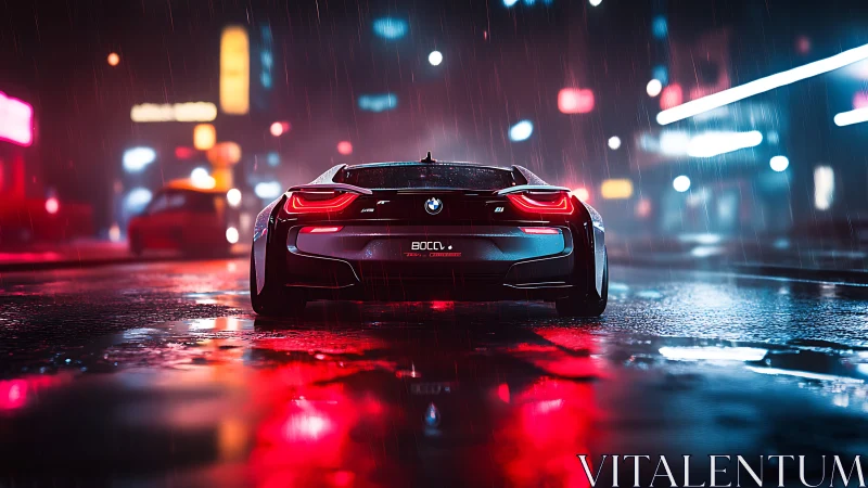 Sleek sports car on wet neon city street at night.