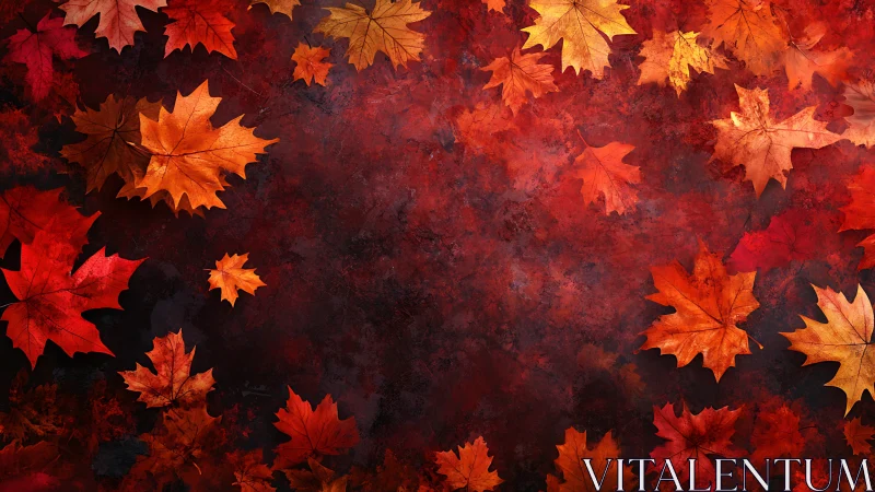 Autumn maple foliage frames textured crimson abstract field