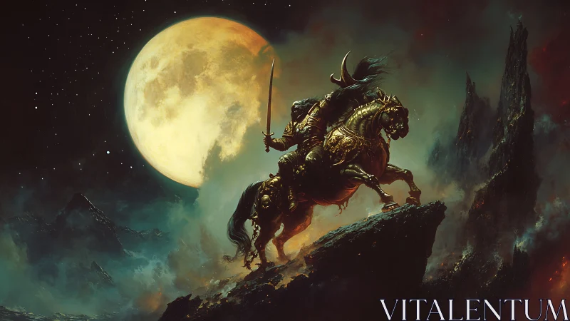 Moonlit warrior ride across burning cliffs and clouds.