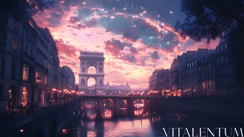 Arc de Triomphe under luminous astral arch at dusk in Paris