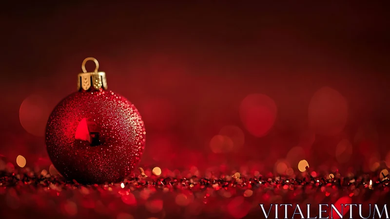 Sparkling red ornament glowing in a cozy holiday haze.