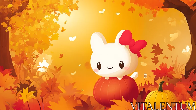 Kawaii white bunny on pumpkin in stylized autumn forest scene