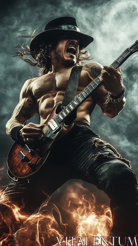 Shirtless guitarist in hat playing electric guitar amid smoke.