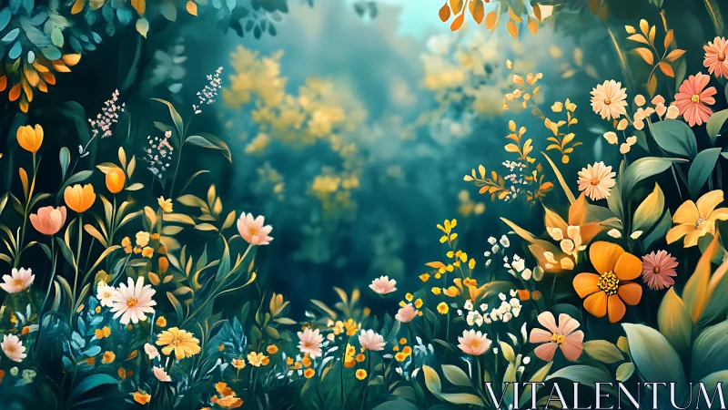 Garden Tapestry: Blooms Illuminate Teal Dreamscape.