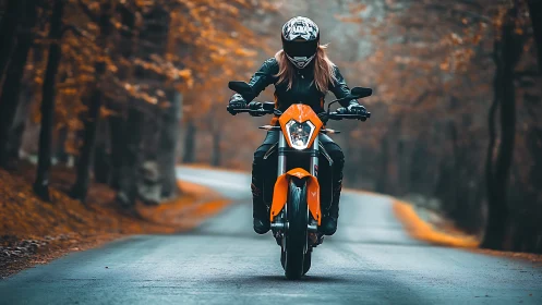 Sport motorcycle wheelie on autumn forest road, frontal view