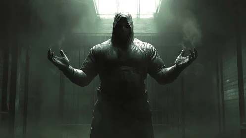 Hooded figure in toxic green fog dominates prison corridor